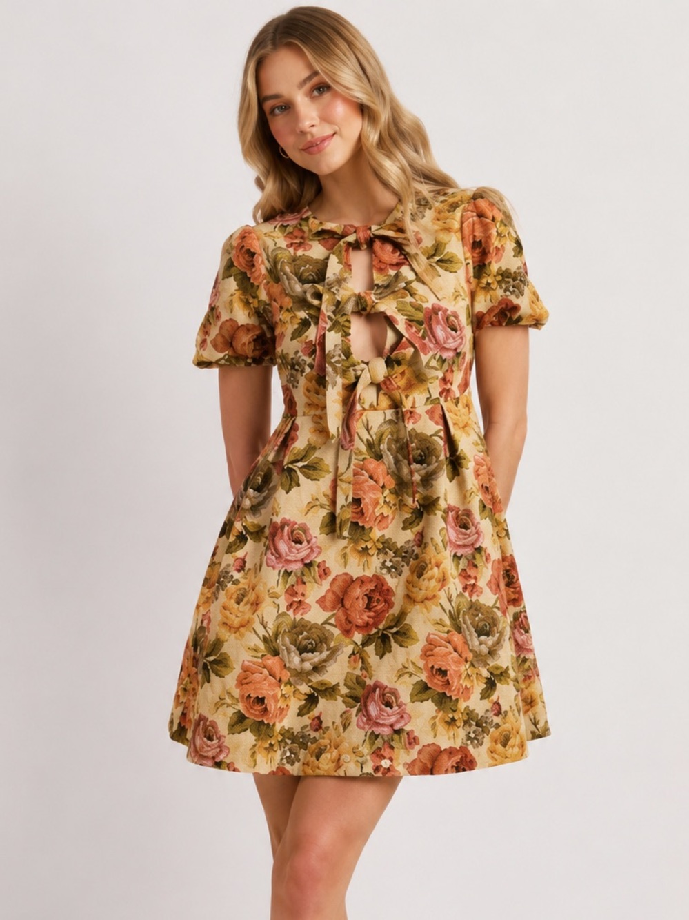 Jacquie The Label Floral Tapestry Babydoll Mini Dress